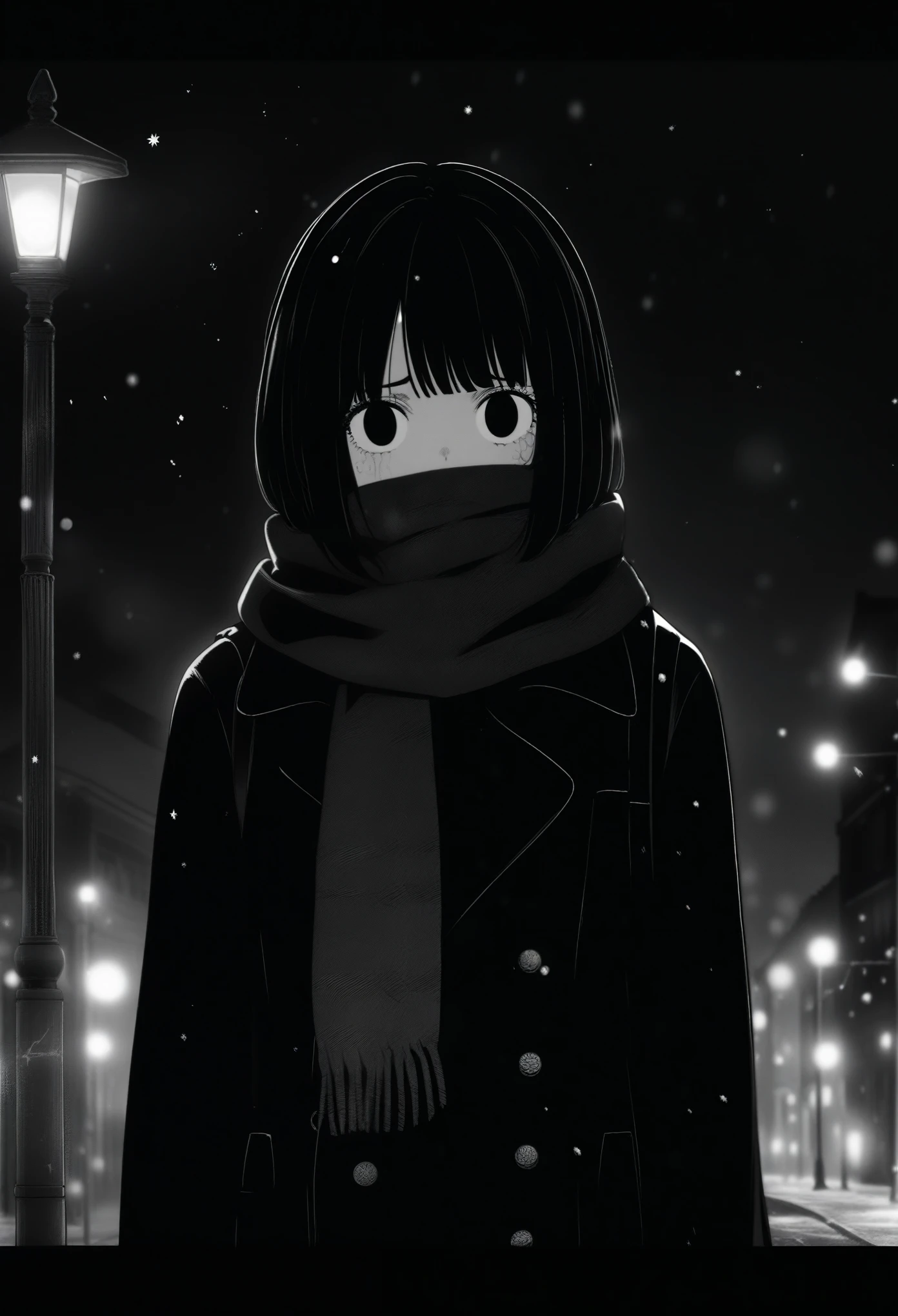 1girl, momose \(oqo\) official art, masterpiece, best quality, grayscale, manga style, japanese, chi no wadachi, black eyes, sparkling eyes, street, iced, black hair, schoolbag, lineart, looking at viewer, black coat, black scarf, adult female, mature_female:1, tall, fair skinned, bokeh background, bob cut, light particles, centered, snowing, emotional anime scene, official wallpaper scenery:1.1, (very aesthetic, best quality, ultra detailed), intricate details, red and blue lights flashing, cool, soleless, emotionless, tired, street lamp, surrounded by darkness, stars in the sky, biting, full shot, texture \(hatching\), scarf over mouth, nestled beneath scarf, pain, in pain
