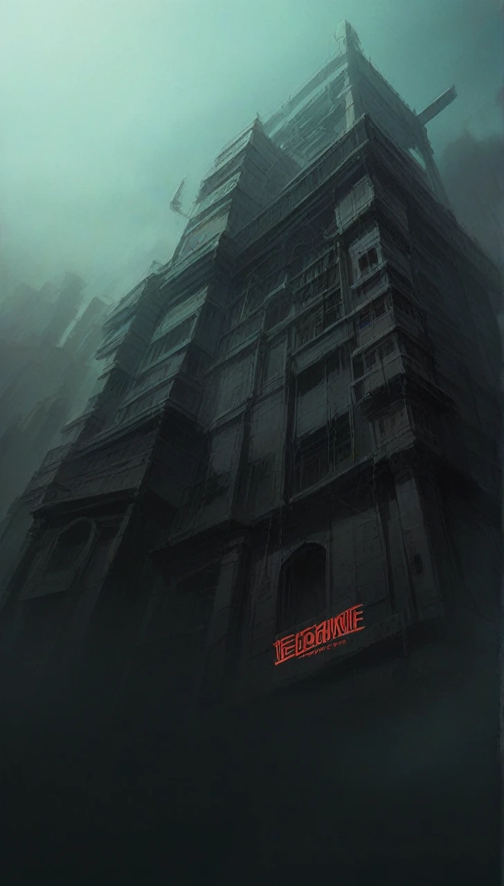 Illustration, logo for Evil corp., dystopian art, factory