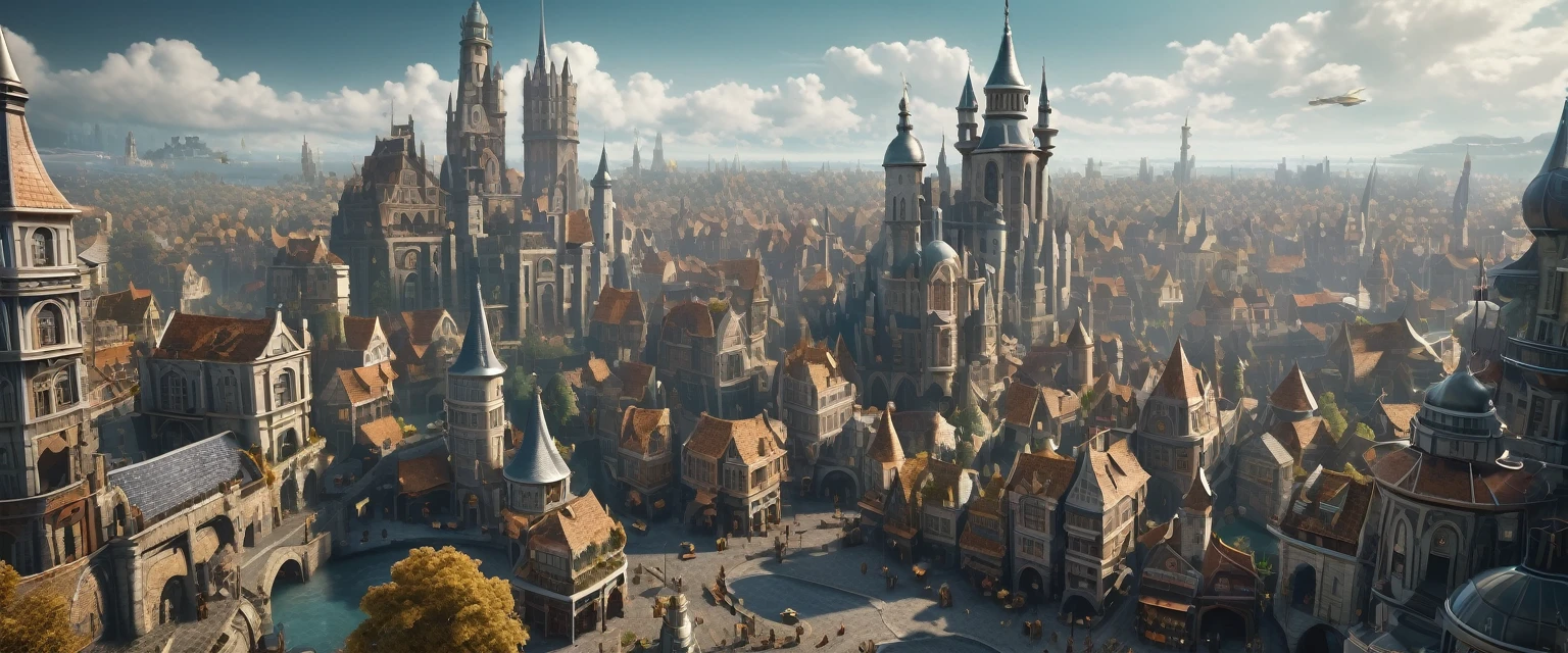 an extremely detailed 4k image of city that is a perfect mixture of a medieval fantasy town with a futuristic cyperpunk city
