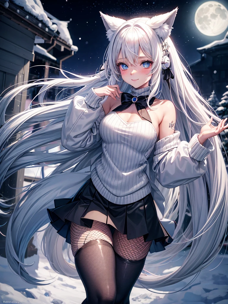 Anime, 1girl, white hair, blue eyes, glowing eyes, fishnet leggings, white winter sweater, mini-skirt, slight smile, blush, night, moon, moonlight, village, kitsune girl, fox plush, nine tailed girl, snow, white neck bow, fox ears, black tight leggings, blue glowing tattoo, womb tattoo,