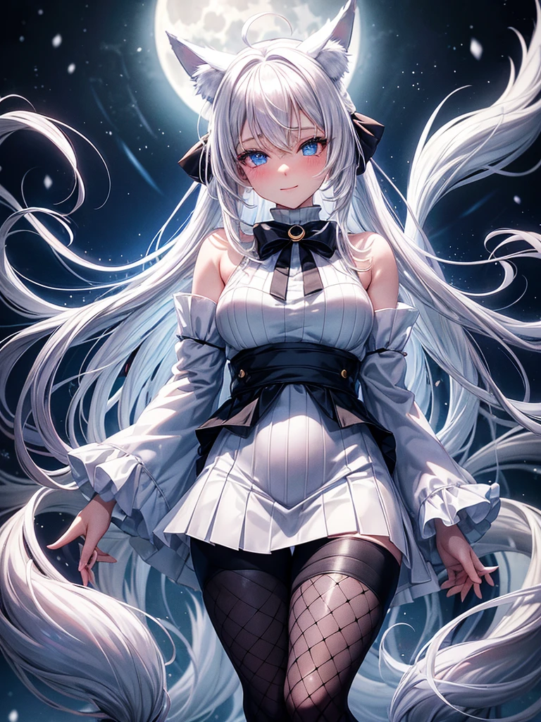 Anime, 1girl, white hair, blue eyes, glowing eyes, fishnet leggings, white winter sweater, mini-skirt, slight smile, blush, night, moon, moonlight, village, kitsune girl, fox plush, nine tailed girl, snow, white neck bow, fox ears, black tight leggings, blue glowing tattoo, womb tattoo,