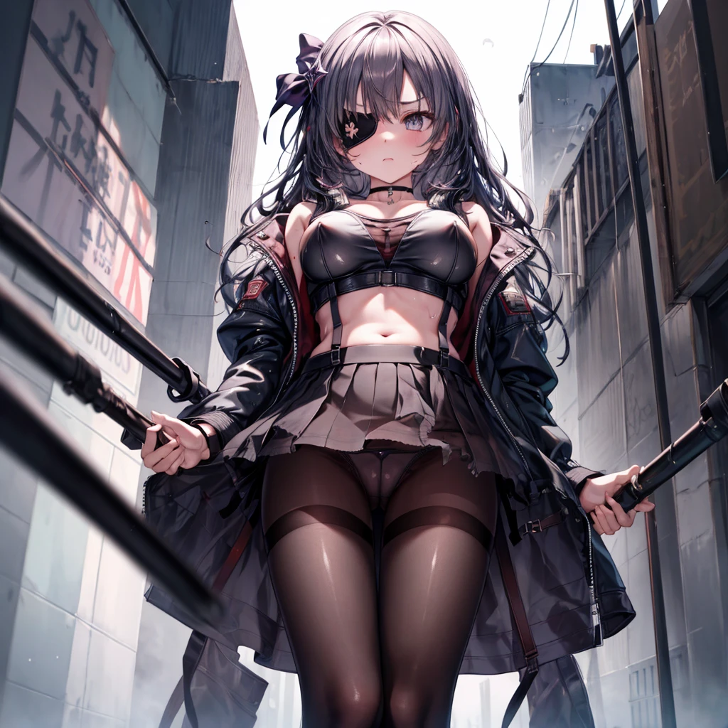 ((Highest quality)), ((masterpiece)), ((detailed)), (4K), (nsfw), 1girl, 独奏, (eyepatch), crop top, leather jacket, Torn miniskirt, suspender skirt, torn pantyhose, panties, panties under pantyhose, choker, bracelet, erect nipples, (rain), ((wet)), see through, (expressionless), scowl, (from below), (looking down), looking at viewer, (open legs), wasteland, town