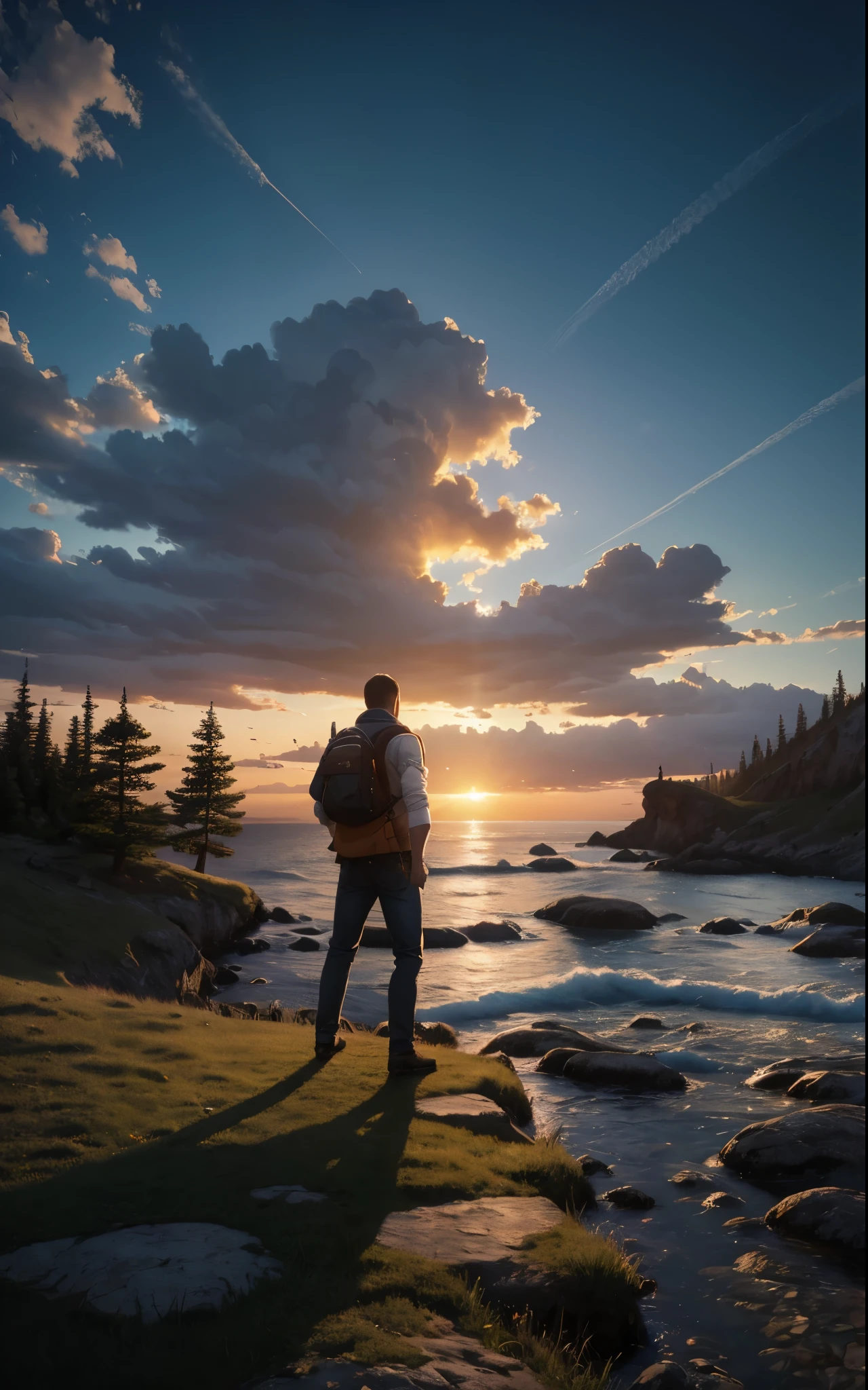 photorealistic landscape, natural landscape, naturey, Beleza Da naturey, Golden Sunset, Sky, Sky Power, Detailed Realistic Sunset, Cedars, Cedar, God's City, Heavens Realm, mountainscape, rivers of water, Sunset realism, Árvores naturey, Alone Men, man on his back, Man's Back, panorama, Alpha Male, Path to Heaven, heavenly, Detailed Realistic Image 8K, 16K Photorealistic Contrast, 8K Photorealistic Sharpness, 4K Photorealistic Cores, 16K Photorealistic Shadows, 8K Photorealistic Textures, 16K Photorealistic Texture, 4K Photorealistic Light, 4K PhotoRealism, FullHD 4K Detailed Contrast, detailed sharpness FullHD 8K, detailed sharpness FullHD 4K, detailed sharpness, 2K Detailed Colors, lifelike colors, FullHD Detailed Shadows, 4K Detailed Textures, detailed texture, padoru, Natural Beauty, chic 