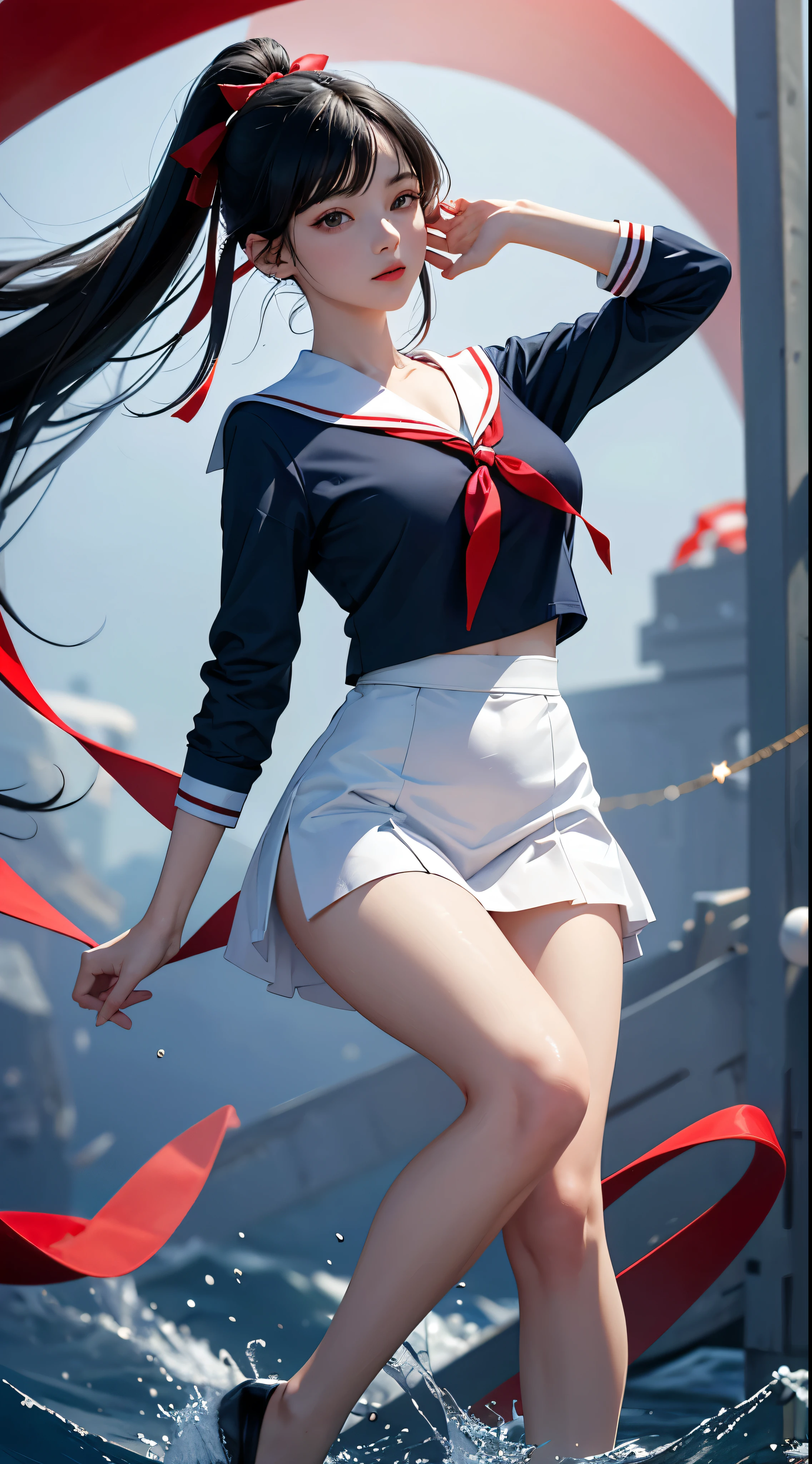 with high definition images,black hair, Surrealism, 8K, super detail ,With beautiful photos。A girl in a white and navy sailor suit。Full-body high-resolution images show facial details