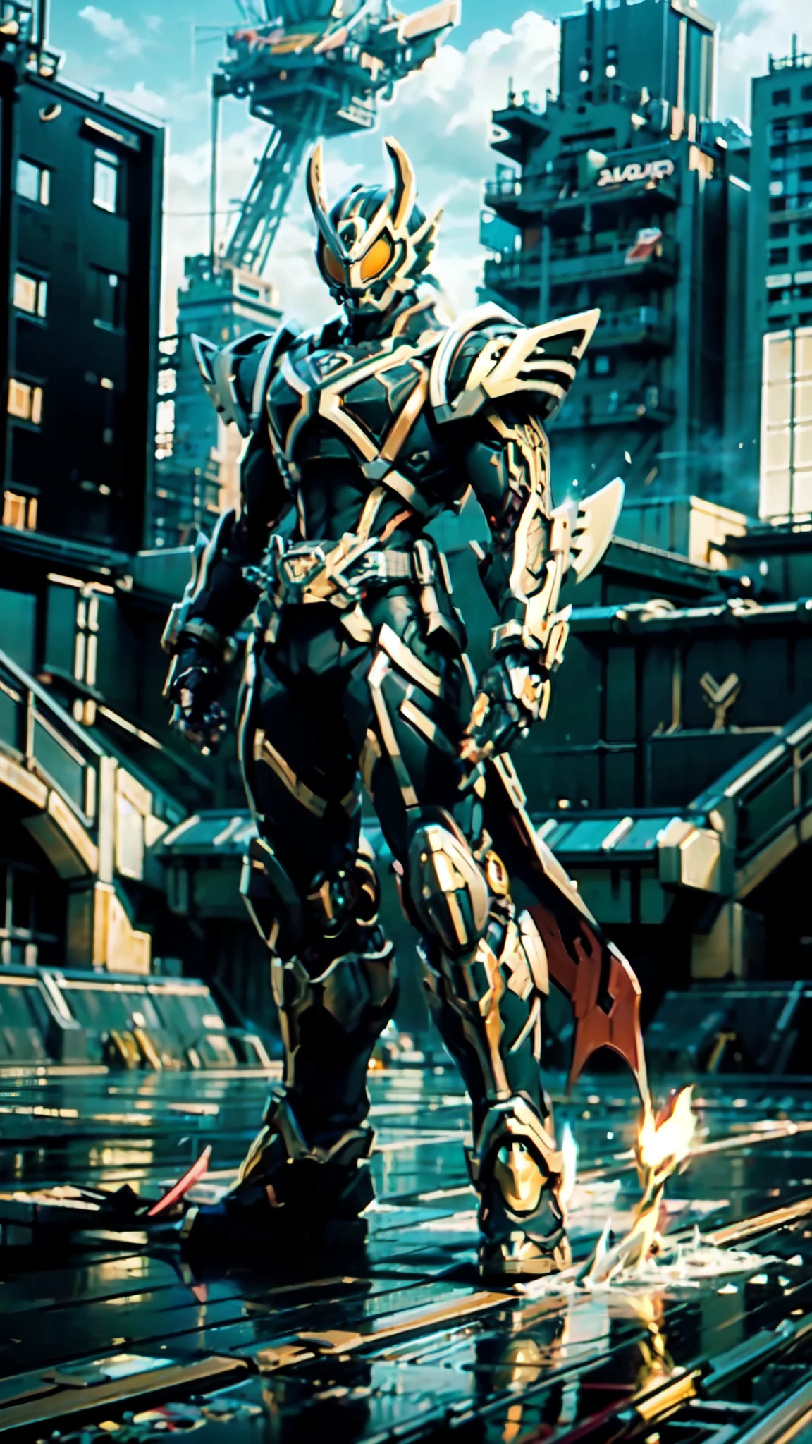 (masterpiece:1.5, best quality:1.5, extremely delicate:1.5, perspective:1.5, foreshortening:1.5, dynamic angle:1.5), a man wearing a full-face helmet, a fantasy-style biotech armored combat suit, green eyes, (a composite layered chest armor), fully enclosed shoulder guards, matching arm and leg guards, the belt is adorned with fangs biting into orbs, (the color scheme is primarily black with red accents), the design balances heavy with agility, a high-tech bio-mecha armor, (Armor Concept Inspired by Bat, stand on the top of a skyscraper in a futuristic sci-fi city), this character embodies a finely crafted fantasy-surreal style armored hero in anime style, exquisite and mature manga art style, (element, plasma, energy, the armor glows), ((male:1.5)), metallic, high definition, highres, ultra-detailed, ultra-fine painting, professional, perfect body proportions, golden ratio, anatomically correct, symmetrical face, extremely detailed eyes and face, high quality eyes, creativity, RAW photo, UHD, 32k, Natural light, cinematic lighting, masterpiece-anatomy-perfect
