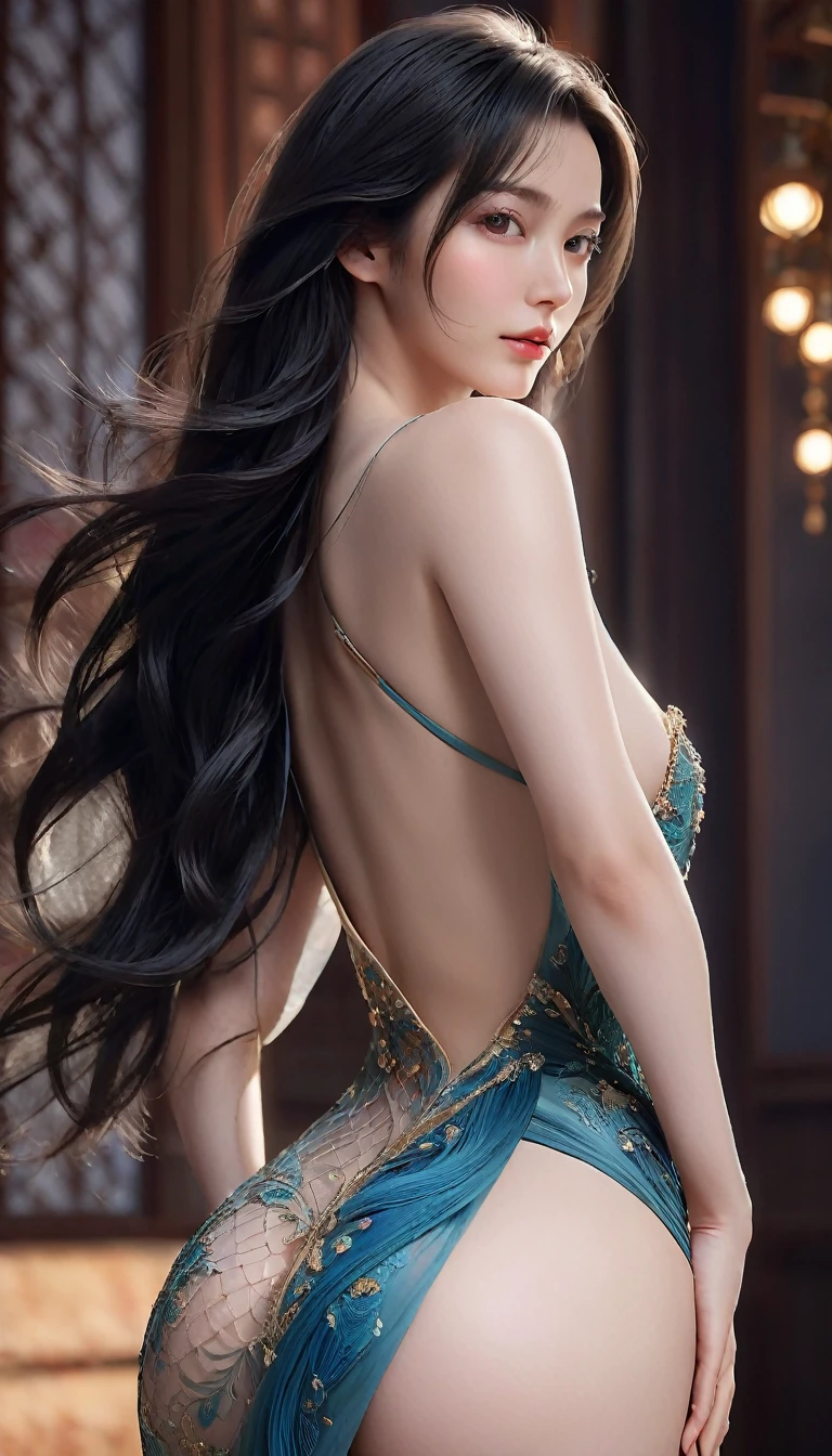((最大16K解像度のmasterpiece:1.6)),beautiful,Highest quality,Absolutely wonderful,Very detailed,Ultra-high resolution,masterpiece,Realistic,Realistic,Increased depth of field,Cinematic Light,
One elegant mature woman, Long black hair,精巧なディテールのbeautiful顔,Face with a gentle expression,Transparent white skin,Very delicate skin texture,Great proportions,Glamorous Body,Anatomically correct body,
high slit dress,Gorgeous colors,Gorgeous and detailed pattern,Beautifully detailed pattern,Detailed cloth texture,
Dark Background,Dramatic Angle,