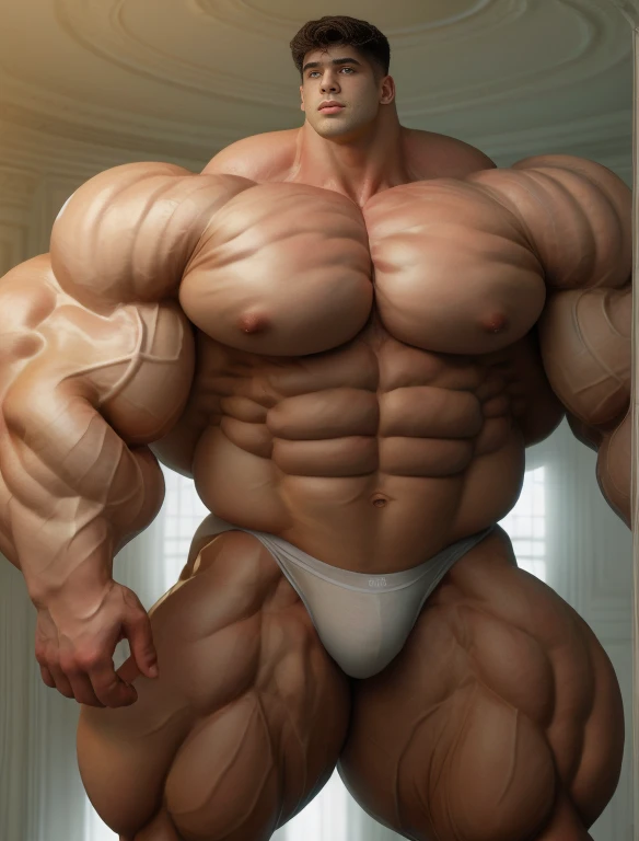 1boy, giant, alone, giant bodybuilder, illuminating light, strong body, bulk, large size, staring, stand in white room, indoor, nude, white triangular underwear, massive prominent bulge, bulge, extraordinary big, brutalmass, giant muscular body, bulk, buff, massive body, large meaty body size, extremely wide body,