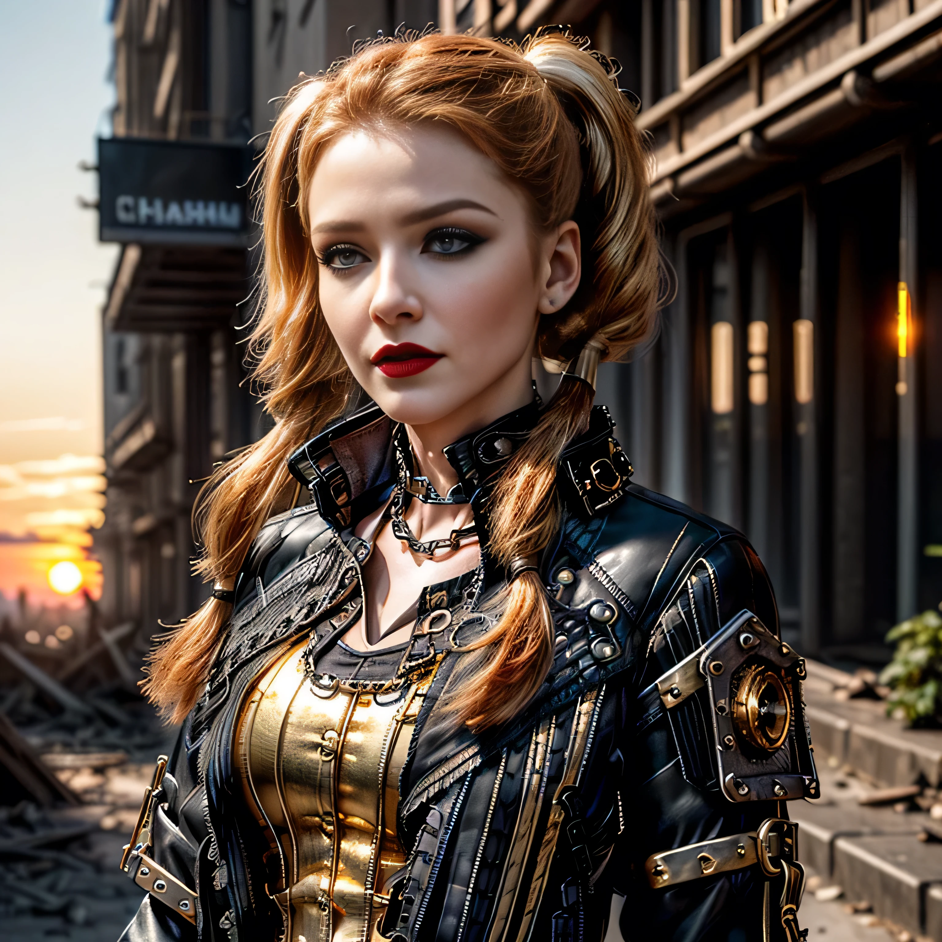 ((masterpiece, photorealistic:1.4, extremely intricate:1.3, photon mapping, radiosity, physically based rendering, ultra resolution, hyper-realistic, photorealistic:1.4, hyper-realistic, 8K)), (((athletic female assassin, long pigtails windy [blonde hair:bright ginger hair:0.4], (([flat chest:medium breasts:0.8])), ((makeup:1.2, perfectchainmail, gold steampunk, black jacket), red lips, bright sunlight, sunset, red silk shirt)))), outdoors, metal reflections, ((((futuristic apocalyptic city destroyed)))), professional photograph, soft focus, dramatic, award winning, cinematic lighting, volumetrics (film grain, blurry background, blurry foreground, bokeh, depth of field)
