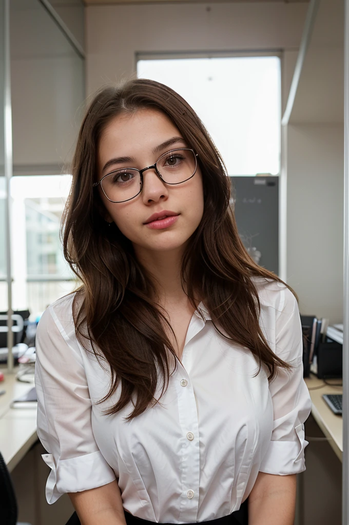 generate me a hyper-realistic image of an 18 year old girl of European and American descent with perfect, well lined eyes and brown eyes, with brown hair, beautiful delicate lips and a thin, upturned nose, straight hair, a height of one meter and 60 centimeters, bust size L, and she is in an office and is wearing a white formal shirt and is also wearing a black skirt of tight fabric and comes down to her knees and is wearing a pair of black-rimmed glasses.
