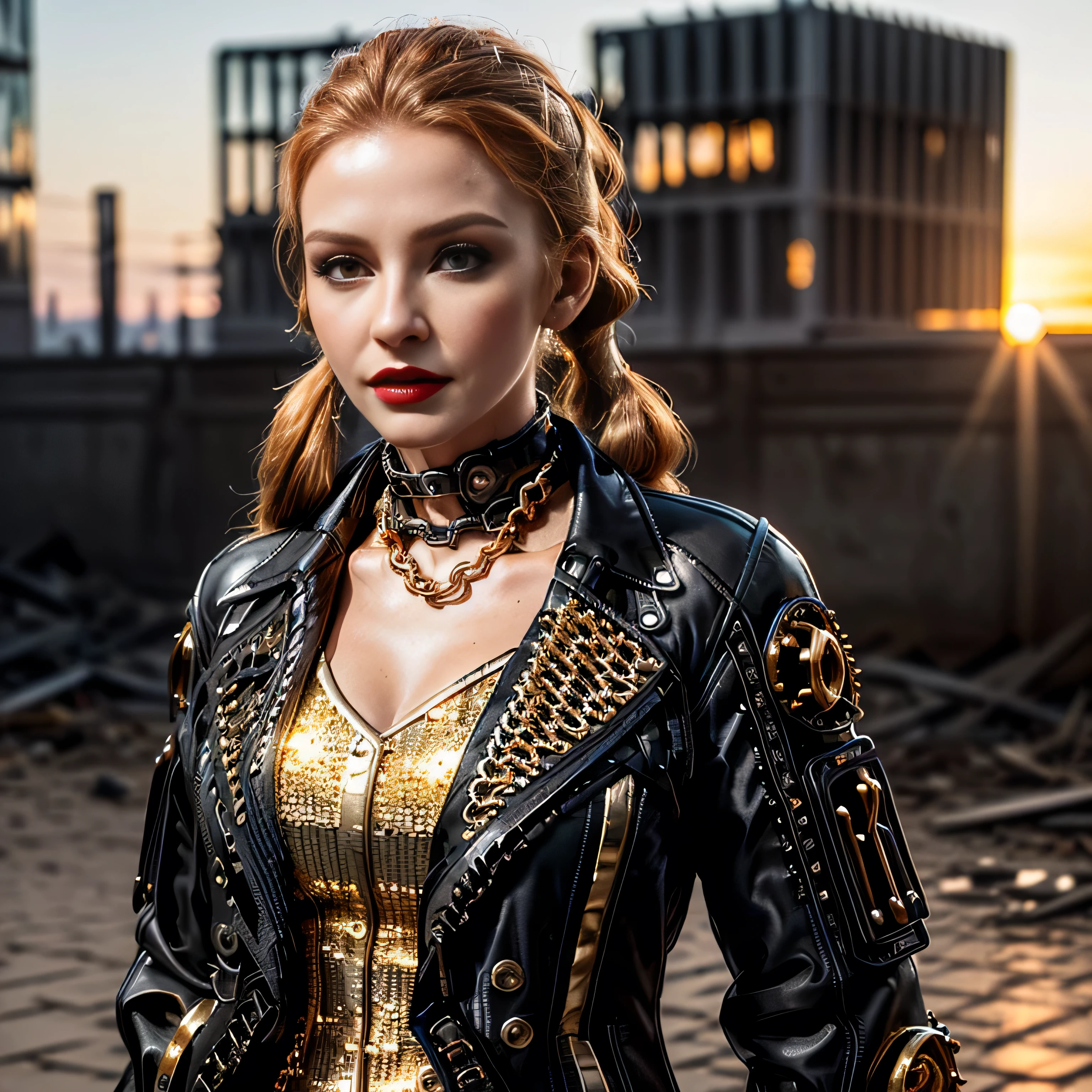 ((masterpiece, photorealistic:1.4, extremely intricate:1.3, photon mapping, radiosity, physically based rendering, ultra resolution, hyper-realistic, photorealistic:1.4, hyper-realistic, 8K)), (((athletic female assassin, long pigtails windy [blonde hair:bright ginger hair:0.4], (([flat chest:medium breasts:0.8])), ((makeup:1.2, perfectchainmail, gold steampunk, black jacket), red lips, bright sunlight, sunset, red silk shirt)))), outdoors, metal reflections, ((((futuristic apocalyptic city destroyed)))), professional photograph, soft focus, dramatic, award winning, cinematic lighting, volumetrics (film grain, blurry background, blurry foreground, bokeh, depth of field)
