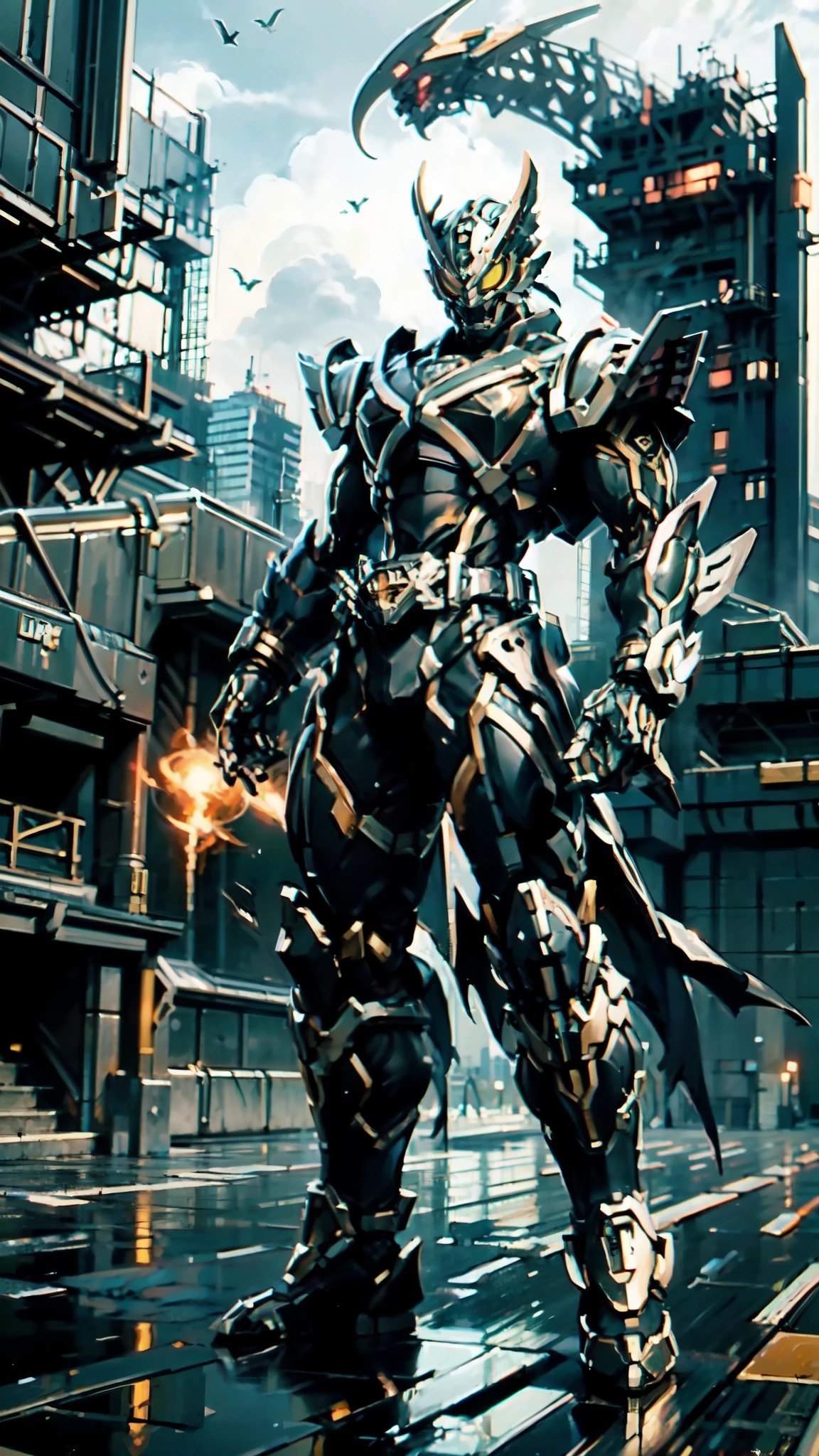 (masterpiece:1.5, best quality:1.5, extremely delicate:1.5, perspective:1.5, foreshortening:1.5, dynamic angle:1.5), a man wearing a full-face helmet, a fantasy-style biotech armored combat suit, green eyes, (a composite layered chest armor), fully enclosed shoulder guards, matching arm and leg guards, the belt is adorned with fangs biting into orbs, (the color scheme is primarily black with red accents), the design balances heavy with agility, a high-tech bio-mecha armor, (Armor Concept Inspired by Bat, stand on the top of a skyscraper in a futuristic sci-fi city), this character embodies a finely crafted fantasy-surreal style armored hero in anime style, exquisite and mature manga art style, (element, plasma, energy, the armor glows), ((male:1.5)), metallic, high definition, highres, ultra-detailed, ultra-fine painting, professional, perfect body proportions, golden ratio, anatomically correct, symmetrical face, extremely detailed eyes and face, high quality eyes, creativity, RAW photo, UHD, 32k, Natural light, cinematic lighting, masterpiece-anatomy-perfect