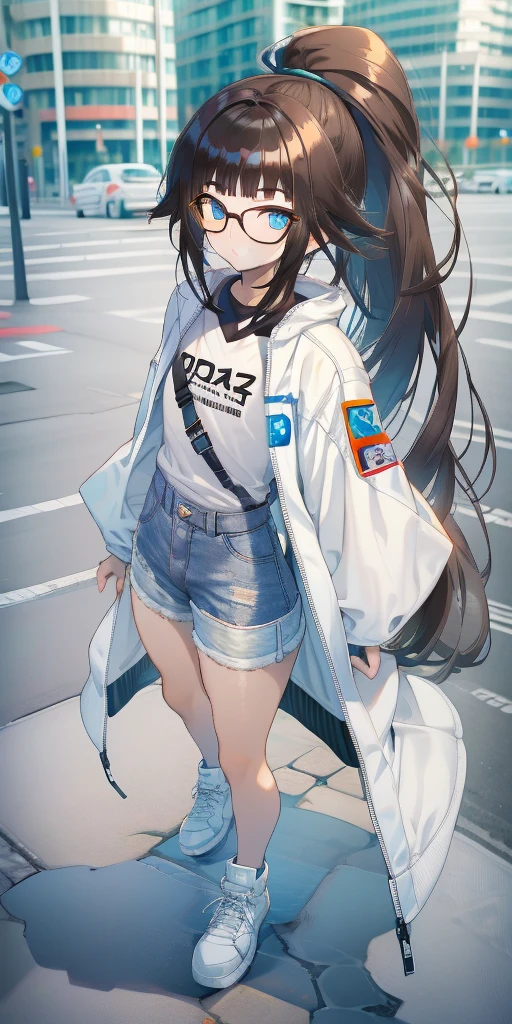 4k, 1 guy femboy, glasses, long messy brown ponytail, blue eyes, white jacket, black t-shirt, white jean shorts, Korean bangs, tan skinned, streets background, smile, bulge, full body, standing, facing camera