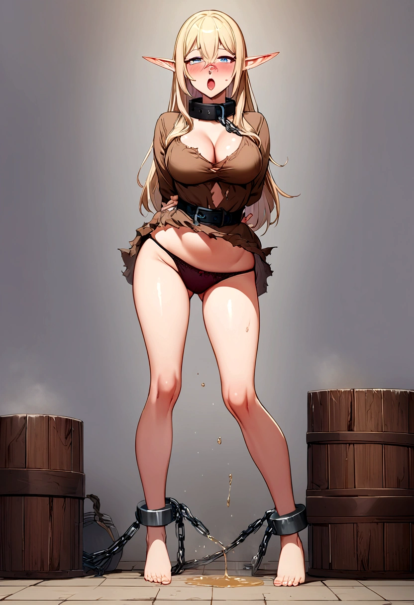 Slave. Dirty tunic. Torn tunic. dirty panties. Torn panties. Pointy ears. Elf. Slave collar. Blonde hair. Hair between the eyes. Shackles. Long hair. Long pointed ears. Blue eyes. 1 girl. 20 years. Young woman. Beautiful fingers. Beautiful long legs. Beautiful body. Beautiful nose. Snotty nose. Snot flows from the nose. Perfect eyes. Ideal face. Expressive eyes. Barefoot. Cold. Runny nose. Nasal mucus. Snot flows from the nose. Sneezing. Wants to sneeze. I have to sneeze. Violent, desperate desire to sneeze. She sneezed. She sneezes. Snot flies from your nose with every sneeze. Urinary incontinence. Wants to pee. I need to pee. A strong, desperate urge to pee. She pees standing up. She pees to herself. She pees in her panties. She peed in her panties. She peed herself. Urine runs down her thighs. Diarrhea. She has diarrhea. Wants to poop. I need to poop. Intense, desperate urge to poop. She poops diarrhea while standing. She poops diarrhea on herself. She poops diarrhea in her panties. She shit herself. Diarrhea flows out of her beautiful ass onto the floor. Embarrassment. Blush. Beautiful character design. Shiny skin. Full body. official art, extremely detailed CG unity 8k wallpaper, perfect lighting, Colorful, Bright_Front_face_Lighting, shiny skin, (masterpiece:1.0), (best_quality:1.0), ultra high resolution, 4K, super detail, photography, 8K, HDR, high resolution, absurd: 1.2, Kodak portra 400, film grain, background blur, bokeh: 1.2, highlights, (bright_color: 1.2) (Beautiful, big_breasts: 1.4), (beautiful_face: 1.5), (narrow_waist), nsfw.