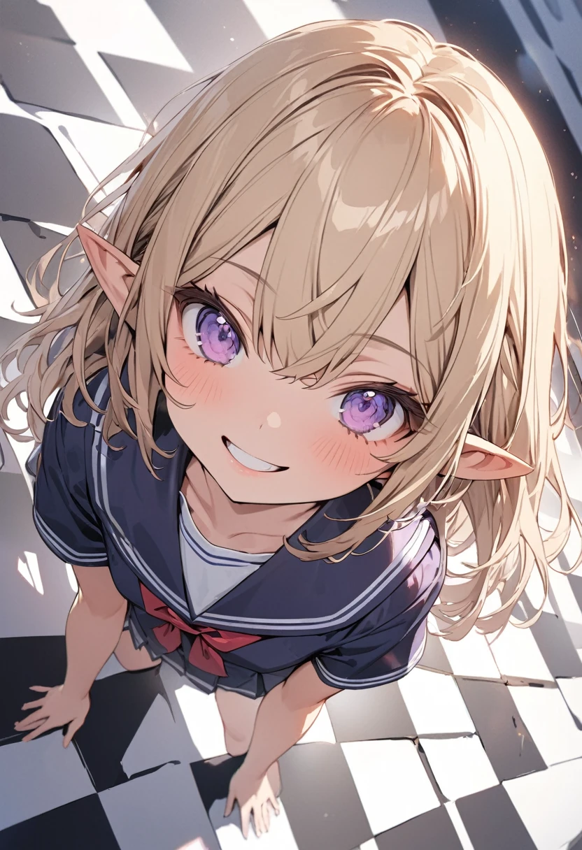 ((Masterpiece)), ((best quality)), (ultra-detailed), ((kawaii)), ((extremely detailed)), 4K, (8K), (super detail:1.2),(High Definition:1.3), (Professional Photography:1.2), from above, (wide shot), cinematic lighting, (sharp focus), (perfect light), ((1girl)), ((12 years old)), cute young girl, ((Embroidered cute school uniform)),(naughty smile), (Beautiful purple eyes:1.2), (dark skin), elf girl, (small chest), (bare arms), cute navel, (Healthy slim body), (long bangs), silky and straight hair, (medium hair), ((beautiful blond hair)), BREAK, ((best quality)), ((extremely detailed)), (lie on your back), (Checkerboard check Pattern Background:1.3), Checkerboard check floor,