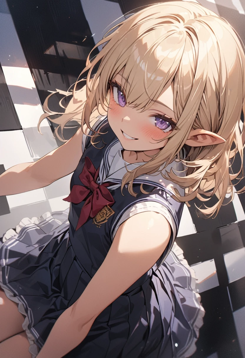 ((Masterpiece)), ((best quality)), (ultra-detailed), ((kawaii)), ((extremely detailed)), 4K, (8K), (super detail:1.2),(High Definition:1.3), (Professional Photography:1.2), from above, (wide shot), cinematic lighting, (sharp focus), (perfect light), ((1girl)), ((12 years old)), cute young girl, ((Embroidered cute school uniform)),(naughty smile), (Beautiful purple eyes:1.2), (dark skin), elf girl, (small chest), (bare arms), cute navel, (Healthy slim body), (long bangs), silky and straight hair, (medium hair), ((beautiful blond hair)), BREAK, ((best quality)), ((extremely detailed)), (lie on your back), (Checkerboard check Pattern Background:1.3), Checkerboard check floor,