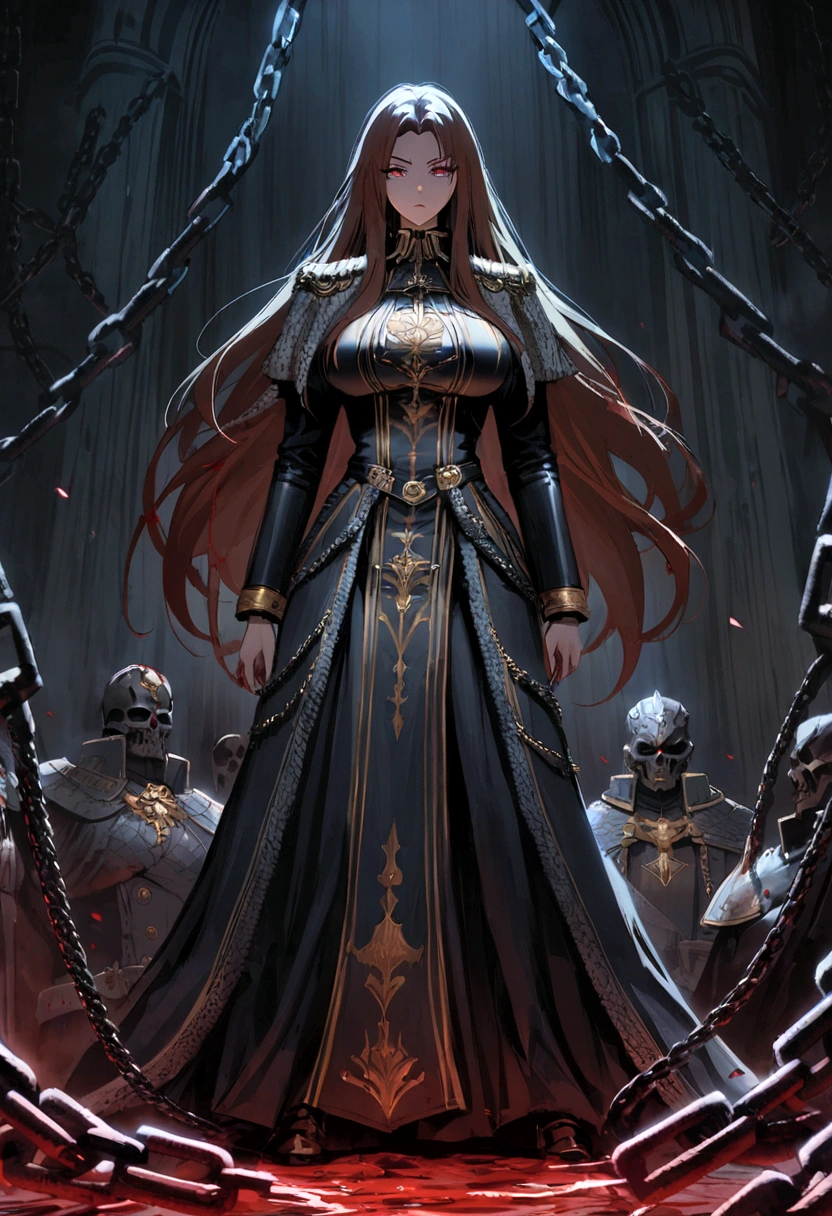 standing, a arrogant woman with eyes and long hair and leg and feet and big bust, Warhammer universe, anime design, wearing luxurious military lord captain garment, with grim dark elements, in a detailed darkened backdrop, surrounded by chains, blood