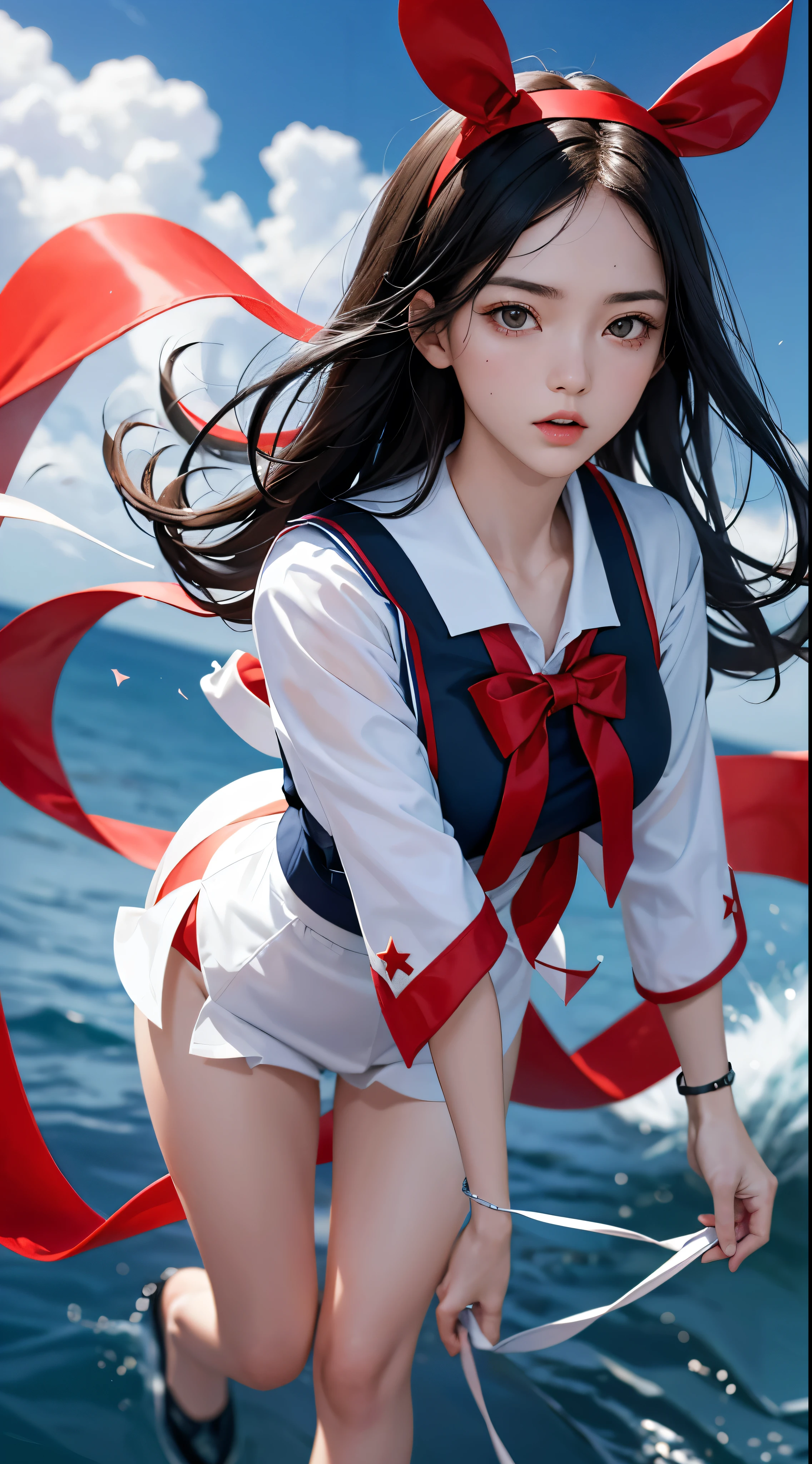 with high definition images,black hair, Surrealism, 8K, super detail ,Red ribbon,With beautiful photos。A girl in a white and navy sailor suit。Full-body high-resolution images show facial details。Participate in the Independence Day Parade。There are lots of stars and stripes