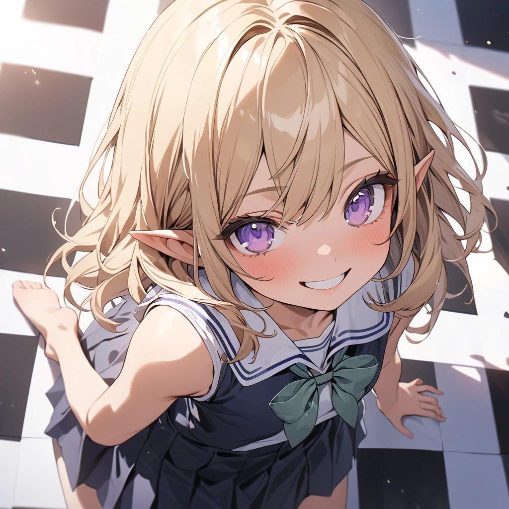 ((Masterpiece)), ((best quality)), (ultra-detailed), ((kawaii)), ((extremely detailed)), 4K, (8K), (super detail:1.2),(High Definition:1.3), (Professional Photography:1.2), from above, (wide shot), cinematic lighting, (sharp focus), (perfect light), ((1girl)), ((12 years old)), cute young girl, ((Embroidered cute school uniform)),(naughty smile), (Beautiful purple eyes:1.2), (dark skin), elf girl, (small chest), (bare arms), cute navel, (Healthy slim body), (long bangs), silky and straight hair, (medium hair), ((beautiful blond hair)), BREAK, ((best quality)), ((extremely detailed)), (lie on your back), (Checkerboard check Pattern Background:1.3), Checkerboard check floor,