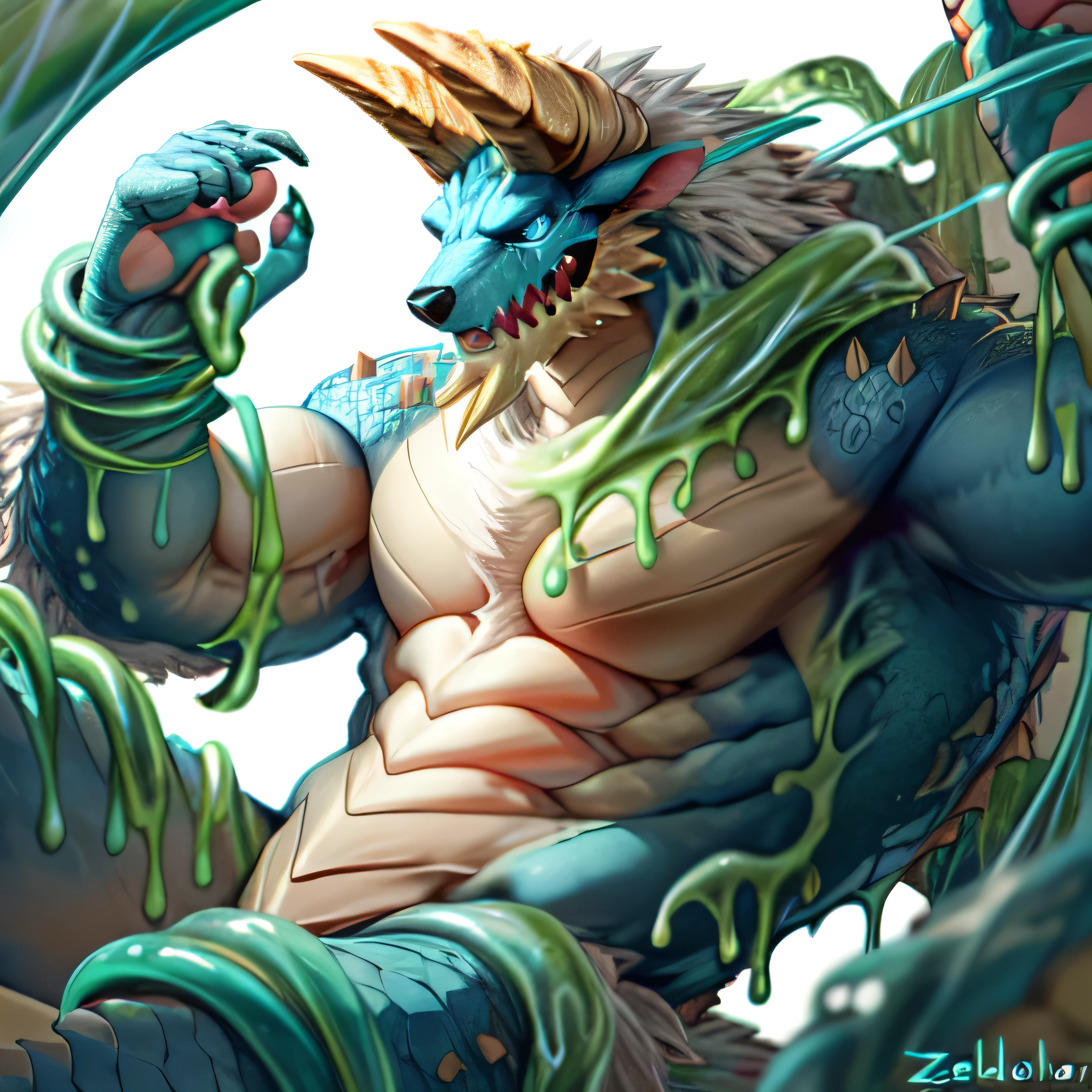 anthropology,(zinogre:1.2),Tail,((whole body,blue eyes, Blue body, White furry, Yellow Hand, Feet, Blue face,4 toes,Tail )),,muscular, whole body, (author：null-ghost,From raccoon21,masterpiece,high quality), Night Fight,((boundary)), rest (((Slime monster uses tentacles to fight dragon))，4 toes，struggle, (pain:1.3)，frown，annoyed, Worry,full body,pawpads,((horns))