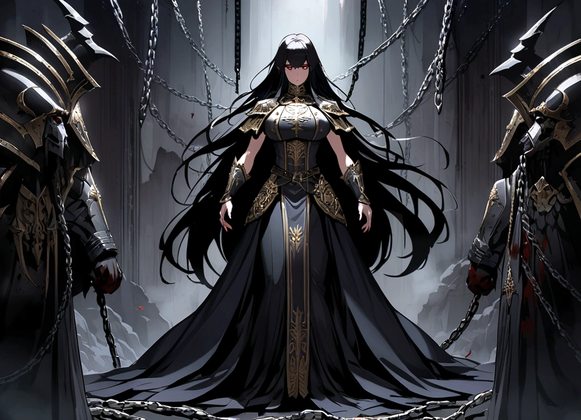 standing, a arrogant woman with eyes and long hair and leg and feet and big bust, Warhammer universe, anime design, wearing luxurious military lord captain garment, with grim dark elements, in a detailed darkened backdrop, surrounded by chains, blood