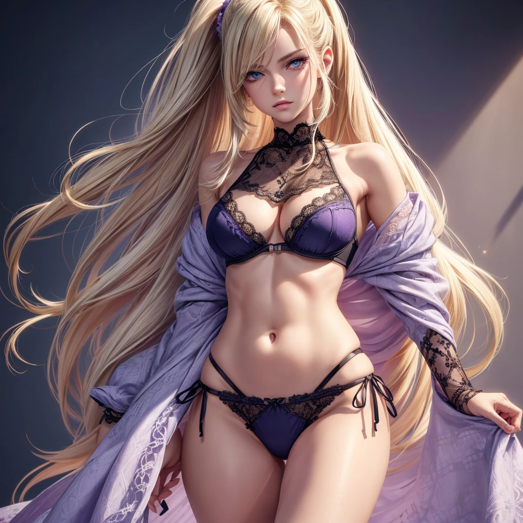 ((Solo)),(best quality: 1.4),Full body , high resolution, masterpiece, 4k, ultra detailed, very beautiful girl masterpiece, sexy blonde, long hair, ponytail, blue eyes, expressive eyes, detailed skin, realistic skin texture, texture, detailed eyes, beautiful woman, lilac bra, lilac lace panties, big tits , bikini .