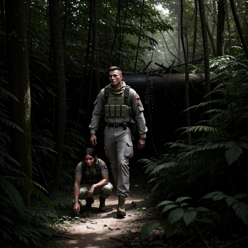 Ultra-resolution image of a Cyborg Soldier with a very muscular body, wearing an American army uniform, looking at the camera walking forward, in a thicket in the forest of Vietnam, wreckage of bodies on the ground, women on their knees without clothes crying.