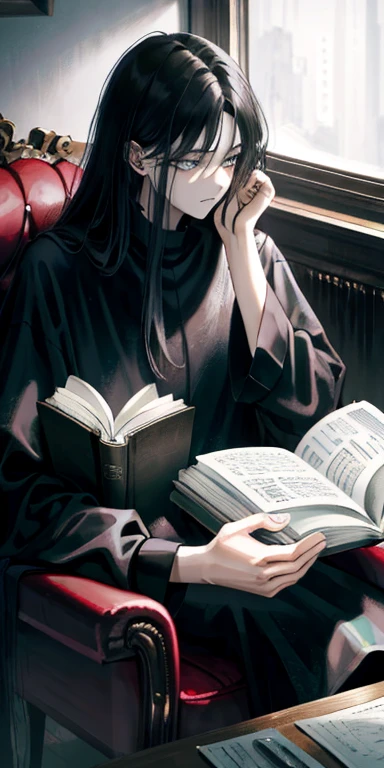 ((masterpiece)),((best/high quailty)),((extreme details)),((high resolution)),8k,64k, male, long black unkempt hair, messy hair, sickly, frail, skinny, unhealthy, expressionless, foggy eyes, lovecraftian, psychic, black wavy fog, dark clothes, loose clothes, casual clothing, 1000 yard stare, upperbody, casual environment, reading book