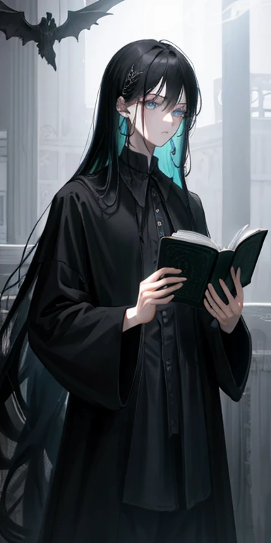((masterpiece)),((best/high quailty)),((extreme details)),((high resolution)),8k,64k, male, long black unkempt hair, messy hair, sickly, frail, skinny, unhealthy, expressionless, foggy eyes, lovecraftian, psychic, black wavy fog, dark clothes, loose clothes, casual clothing, 1000 yard stare, upperbody, casual environment, reading book
