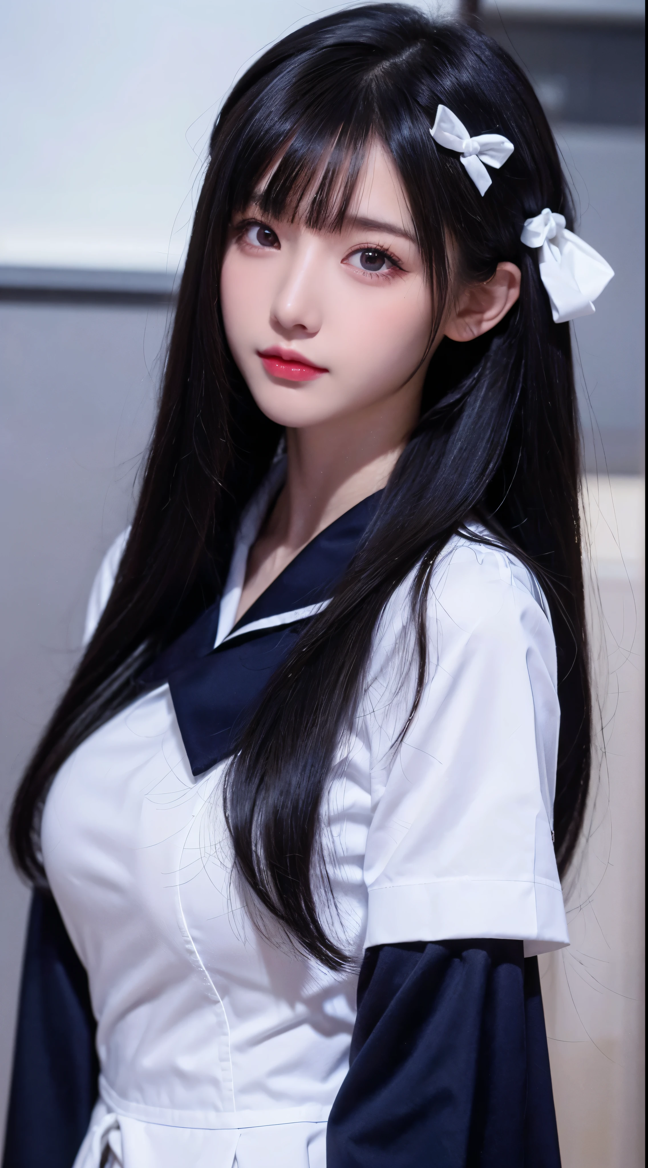 with high definition images,black hair, Surrealism, 8K, super detail ,With beautiful photos。A girl in a white and navy sailor suit。Full-body high-resolution images show facial details