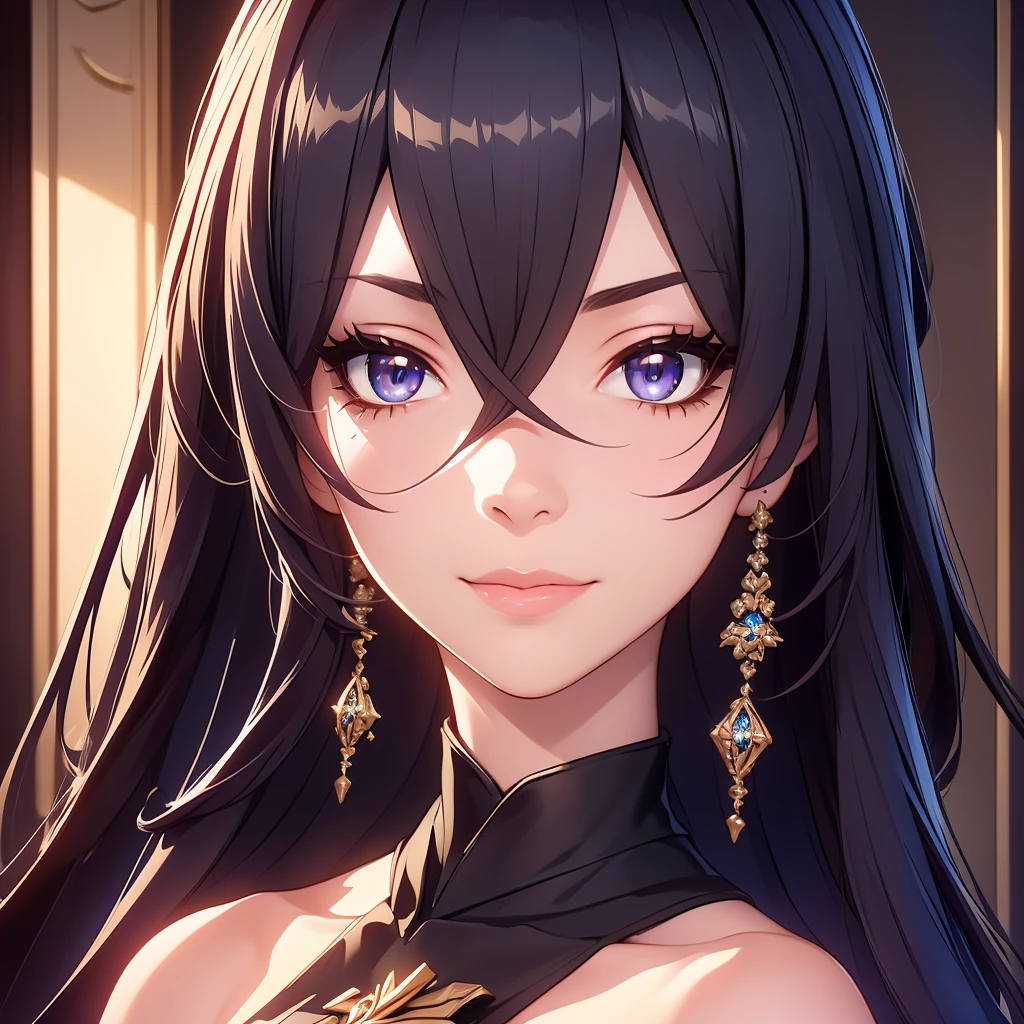 masterpiece, best quality, 8K, 1girl, older MILF, black hair, vibrant blue eyes, long hair with fringe, black makeup, detailed_eyes, thick_eyelashes, ((close_up, portrait)), (outdoor background), fantasy, mage, cleavage (((small breast))), jewelry, earring