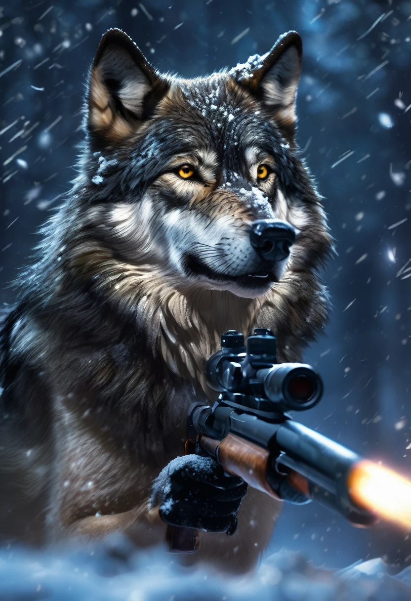 1 Wolf holding a shotgun in its clawed paw, snarling, pointing the gun at a male, forest, falling_snow, snowing, night time, flash photography, blurry background, bokeh, eye level, ultra realistic, professional photo, high_resolution, hyperdetailed, HD, masterpiece