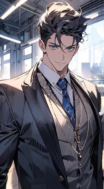 (best quality,4k,8k,highres,masterpiece:1.2),ultra-detailed,(realistic,photorealistic,photo-realistic:1.37),1 man,31 years old,mature man,very handsome,without expression,smile,short grey blue hair,blue eyes,penetrating gaze,perfect face without errors,imposing posture,businessman,office background,cinematic lighting,hdr image