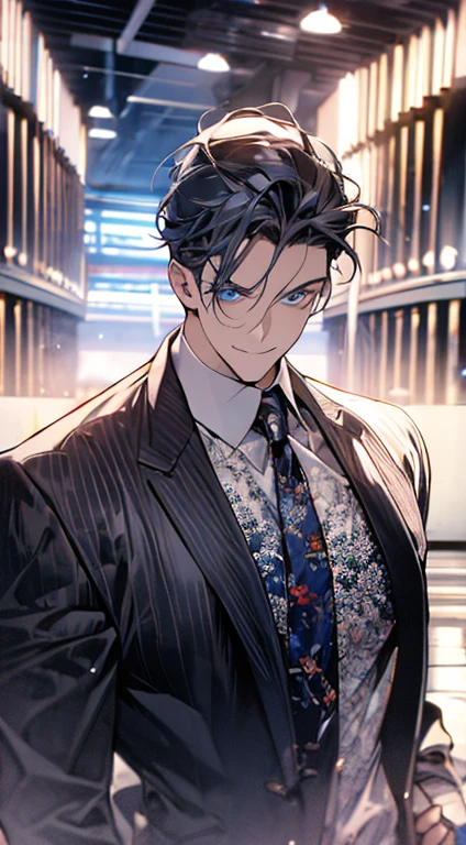 (best quality,4k,8k,highres,masterpiece:1.2),ultra-detailed,(realistic,photorealistic,photo-realistic:1.37),1 man,31 years old,mature man,very handsome,without expression,smile,short grey blue hair,blue eyes,penetrating gaze,perfect face without errors,imposing posture,businessman,office background,cinematic lighting,hdr image