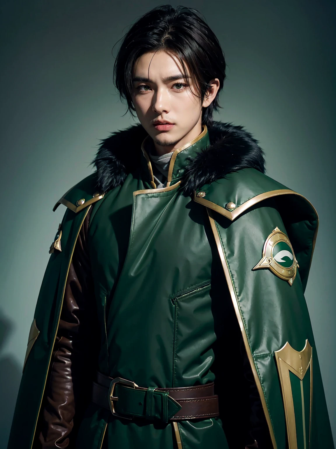 yuichiro hyakuya, expressive eyes, 1 boy, black hair, green eyes, brown coat, gray armor, green shield, green cloak, dark brown gloves, town, fur trim, anime, standing, good quality, portrait, looking at viewer