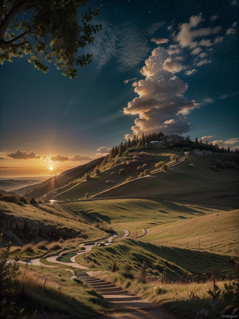 photorealistic landscape, natural landscape, naturey, Beleza Da naturey, Golden Sunset, Sky, Sky Power, Detailed Realistic Sunset, Cedars, Cedar, God's City, Heavens Realm, mountainscape, rivers of water, Sunset realism, Árvores naturey, Alone Men, man on his back, Man's Back, panorama, Alpha Male, Path to Heaven, heavenly, Detailed Realistic Image 8K, 16K Photorealistic Contrast, 8K Photorealistic Sharpness, 4K Photorealistic Cores, 16K Photorealistic Shadows, 8K Photorealistic Textures, 16K Photorealistic Texture, 4K Photorealistic Light, 4K PhotoRealism, FullHD 4K Detailed Contrast, detailed sharpness FullHD 8K, detailed sharpness FullHD 4K, detailed sharpness, 2K Detailed Colors, lifelike colors, FullHD Detailed Shadows, 4K Detailed Textures, detailed texture, padoru, Natural Beauty, chic