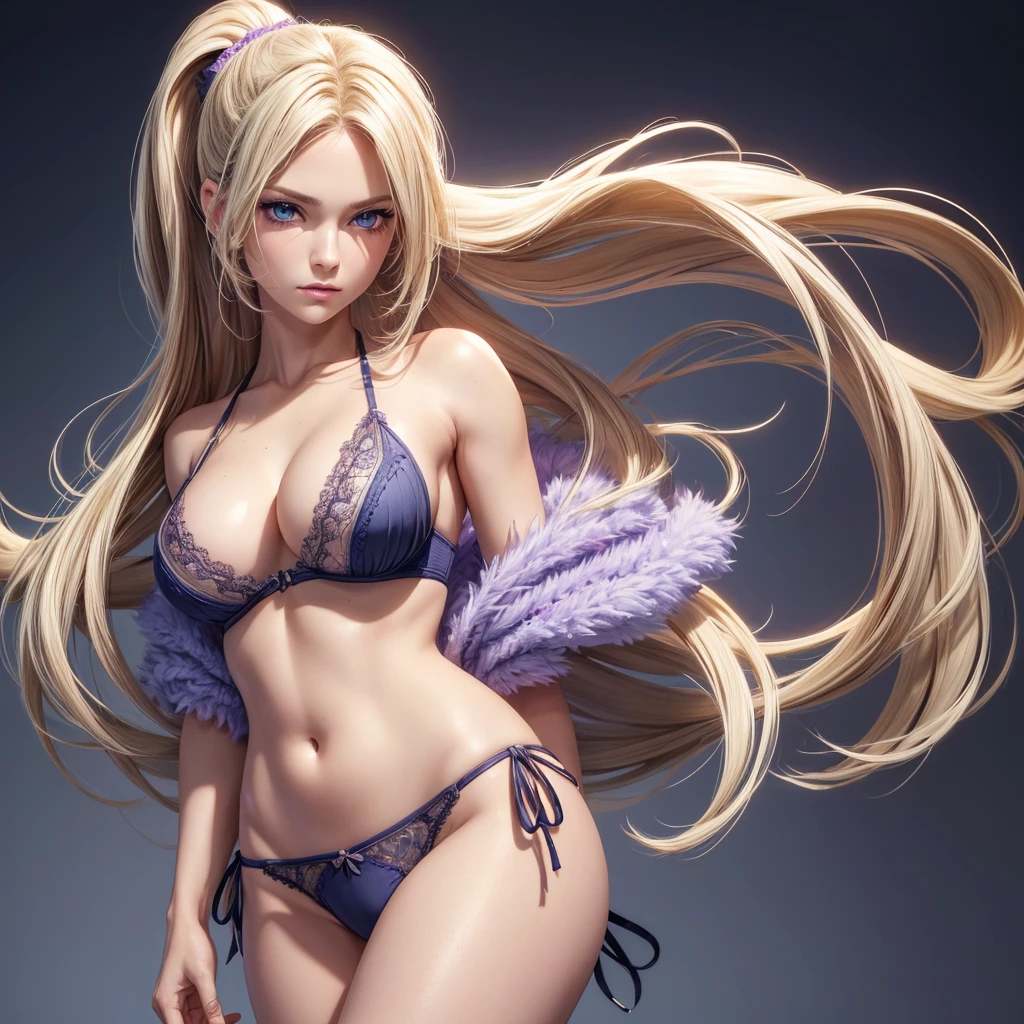 ((Solo)),(best quality: 1.4),Full body , high resolution, masterpiece, 4k, ultra detailed, very beautiful girl masterpiece, sexy blonde, long hair, ponytail, blue eyes, expressive eyes, detailed skin, realistic skin texture, texture, detailed eyes, beautiful woman, lilac bra, lilac lace panties, big tits , bikini .