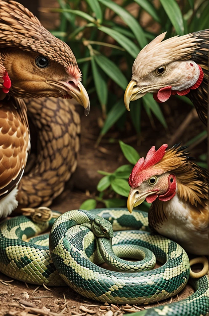 Create a photo between a chicken and a snake who are friends