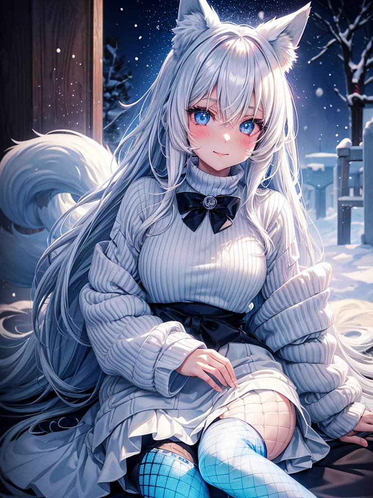 Anime, 1girl, white hair, blue eyes, glowing eyes, fishnet leggings, white winter sweater, mini-skirt, slight smile, blush, cozy house, fireplace, kitsune girl, fox plush, nine tailed girl, snow, white neck bow, fox ears, black tight leggings, blue glowing tattoo, womb tattoo, winter themed blanket, bedroom,
