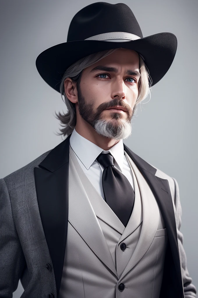 Make a cowboy with white dress clothes and a coat with darker colors, he has a black hat that partially hides a scar, his eyes are green and his skin is white, he has a sloppy beard