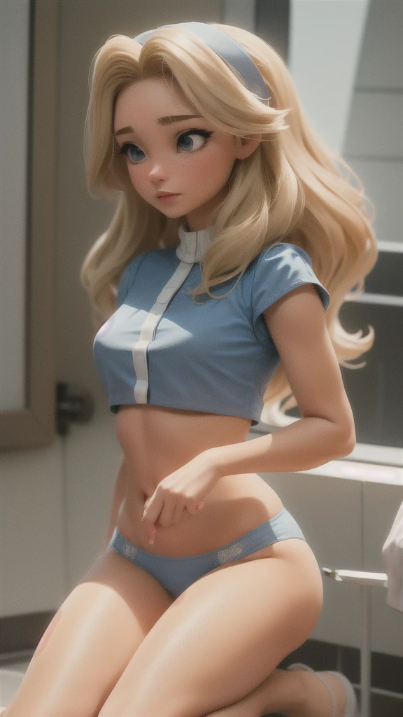 (masterpiece, best quality),1girl, mariarobotnik, long hair, blonde hair, blue hair, hairband, tight bra and panties
