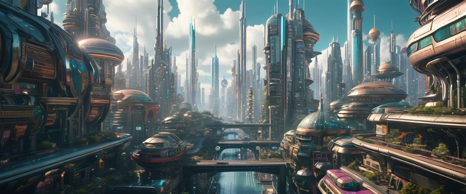 an extremely detailed 4k image of city that is a futuristic cyberpunk city mixed with a fantasy setting