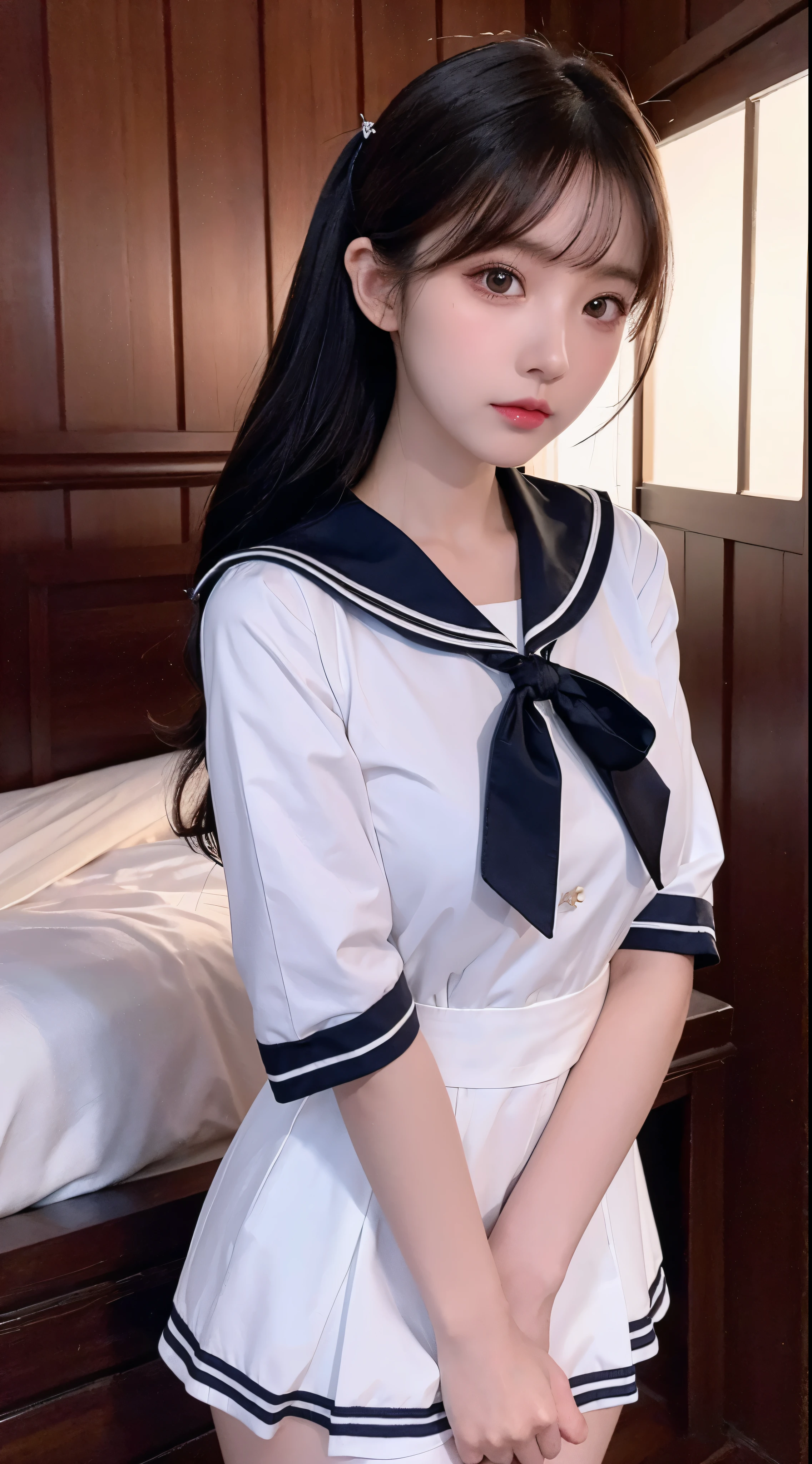 with high definition images,black hair, Surrealism, 8K, super detail ,With beautiful photos。A girl in a white and navy sailor suit。Full-body high-resolution images show facial details