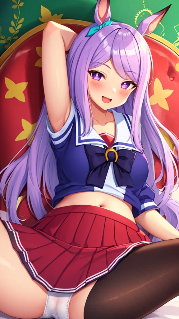 {{{NSFW}}},(masterpiece:1.2),(ultra quality:1.2),(ultra detailed:1.2),(ultra-high resolution:1.2),(very fine 8K CG wallpaper:1.2),Mejiro McQueen\(umamusume\),{1 girl,beautiful girl,cute,smile,kawaii, lovely,blushing,playful expression},sharp focus,oily skin,beautiful detailed hair,glossy hair,(wear school uniform:1.5),(lying on the bed:1.2),wear long school skirt,perfect two legs,(spread two legs:1.2),(show-off-white-panties:1.3),five fingers,large breaths,wear black pantyhose,beautiful detailed eyes,jewel like eyes,violet eyes, (two hands behind head:1.1),open mouth,armpits, solo,beautiful navel, looking at viewer,collarbone,earring