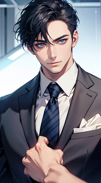 (best quality,4k,8k,highres,masterpiece:1.2),ultra-detailed,(realistic,photorealistic,photo-realistic:1.37),1 man,31 years old,mature man,very handsome,without expression,smile,short blue hair,blue eyes,penetrating gaze,perfect face without errors,imposing posture,businessman,office background,cinematic lighting,hdr image
