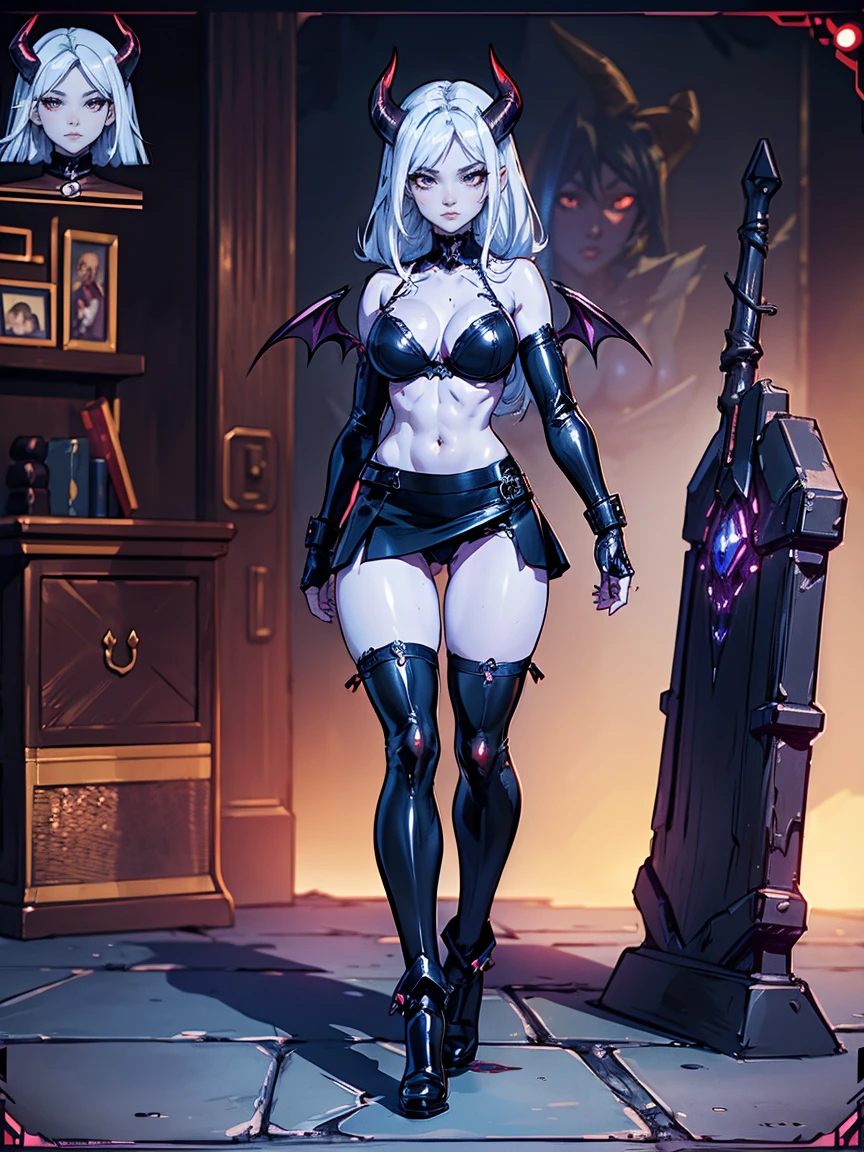 concept art, video game concept art, hentai game, anime, full body, best quality, masterpiece, maximum detail, high resolution, (((anime))), (((waifu))), (((hentai))), perfect anatomy, from the front, detailed background, High quality, incredible details, absurd res, full shot, ambient lighting, illuminated, female, (CharacterSheet:1), (multiple views, full body, upper body, reference sheet:1)
Character with the following traits:
Species(Succubus)
Age(300 years)
Gender(Female)
Occupation(Succubus executioner)
Height(176cm tall)
Hair(Short, straight, white)
Skin(Smooth, pale)
Face(Small nose, grim expression, red eyes)
Physical features(Black demonic wings, Black demonic tail, Black horns, Thick thighs, Big tits)
Outfit(Short leather skirt, Leather bra, Leather boots, Leather)
Personality(Cold, Sadistic, Violent, Evil, Perverted, Grim)
Abilities(Can summon ghosts of succubi)