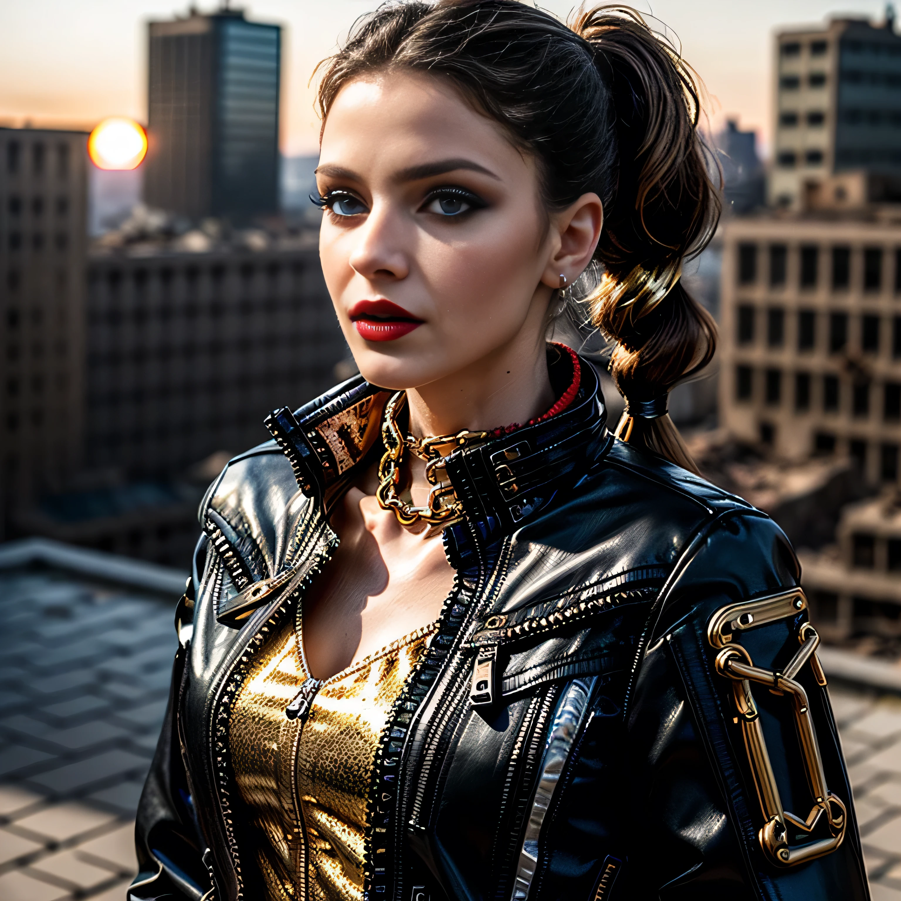 ((masterpiece, photorealistic:1.4, extremely intricate:1.3, photon mapping, radiosity, physically based rendering, ultra resolution, hyper-realistic, photorealistic:1.4, hyper-realistic, 8K)), (((athletic female assassin, long pigtails windy [black hair:bright ginger hair:0.7], (([flat chest:medium breasts:0.8])), ((makeup:1.2, perfectchainmail, gold steampunk, black jacket), red lips, bright sunlight, sunset, red silk shirt)))), outdoors, metal reflections, ((((futuristic apocalyptic city destroyed)))), professional photograph, soft focus, dramatic, award winning, cinematic lighting, volumetrics (film grain, blurry background, blurry foreground, bokeh, depth of field), BREAK,([clear eyes:blue eyes:0.4])
