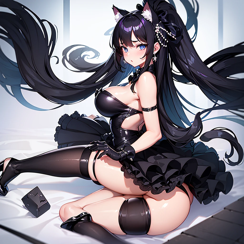 solo,1girl, Sexy, big breasts, big thighs, black panties, cat ears, black hair bow, black heels, white and black stockings, Neko maid dress, black bow tie, cat bracelet, Big ass, pearl earrings, blue eyes, very pretty 