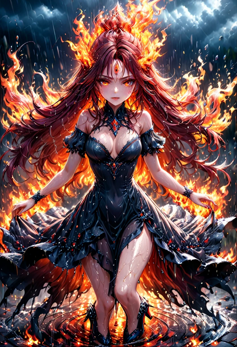 a sorceress of fire making fire dance in a the (storm of rain: 1.3), a most exquisite beautiful sorceress, controlling fire manipulating fire, a woman, dynamic hair color, dynamic hair style, (most beautiful face: 1.3), (ultra detailed face: 1.2), wet hair, wet face, dynamic eyes color, full body shot, wearing dress made of fire, wearing intricate high heels, light make up, dancing in courtyard of a fantasy castle background, ((heavy rain drops: 1.1)), clouds in the sky, (anatomically correct: 1.4), (full body shot: 1.1) , vibrant, Ultra-high resolution, High Contrast, (masterpiece:1.5), highest quality, Best aesthetics), best details, best quality, highres, ultra wide angle, 16k, [ultra detailed], masterpiece, best quality, (extremely detailed), faize, Intense gaze, goth person