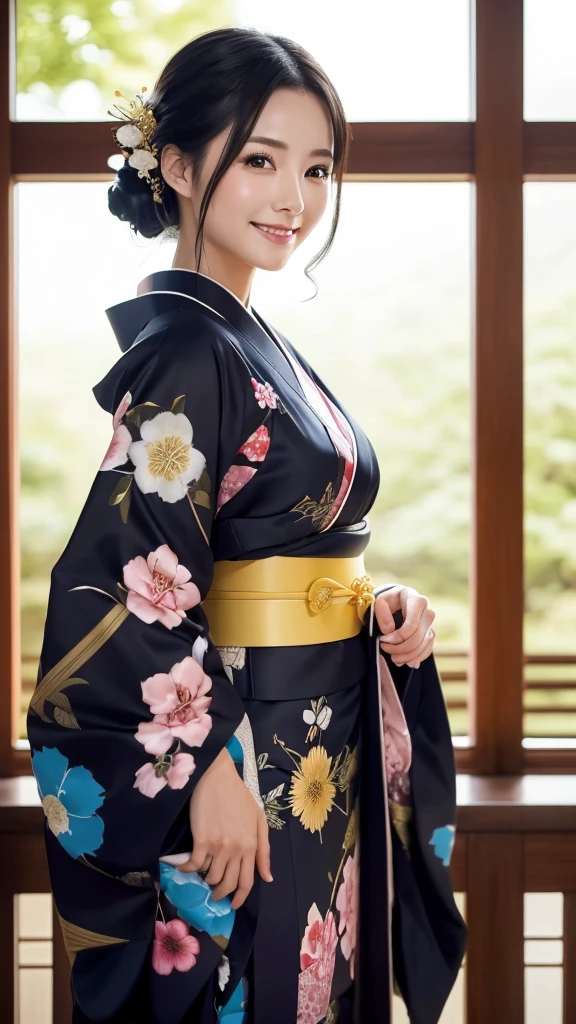 (Super beautiful woman in kimono)、((highest quality、8K masterpiece:1.3))、sharp focus:1.2、(super beautiful face:1.0)、(shiny skin:1.0)、realistic pictures、black hair、video lighting、High resolution eyes and face、video lighting、japanese actress、from the front、with a happy smile、whole body、wearing a kimono、in Kyoto、(luxury obi)、with a fan