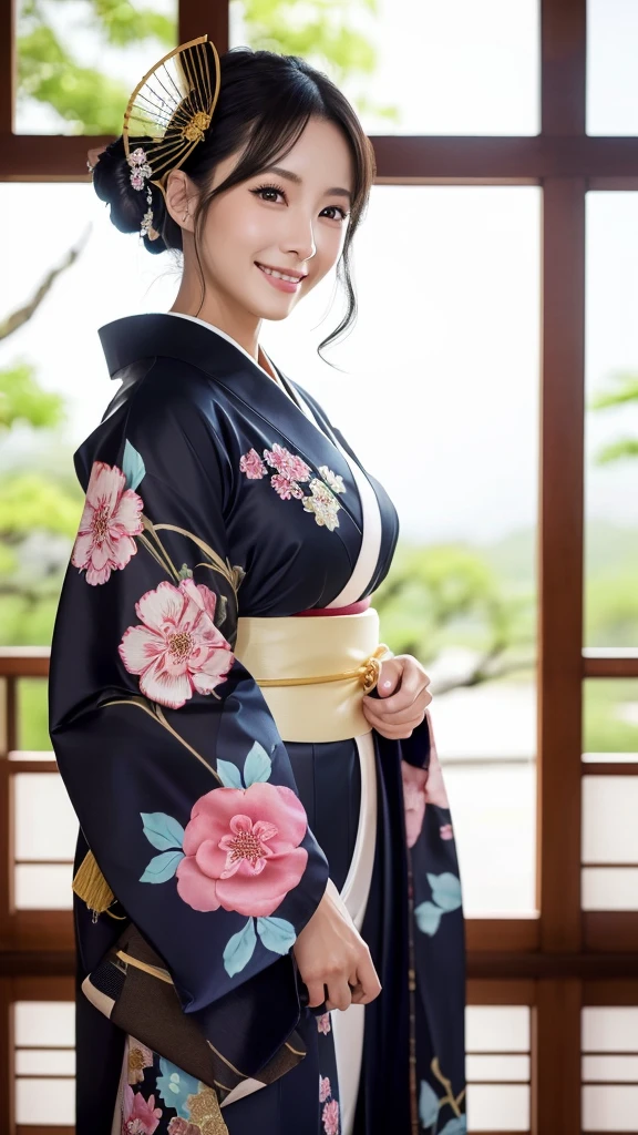 (Super beautiful woman in kimono)、((highest quality、8K masterpiece:1.3))、sharp focus:1.2、(super beautiful face:1.0)、(shiny skin:1.0)、realistic pictures、black hair、video lighting、High resolution eyes and face、video lighting、japanese actress、from the front、with a happy smile、whole body、wearing a kimono、in Kyoto、(luxury obi)、with a fan